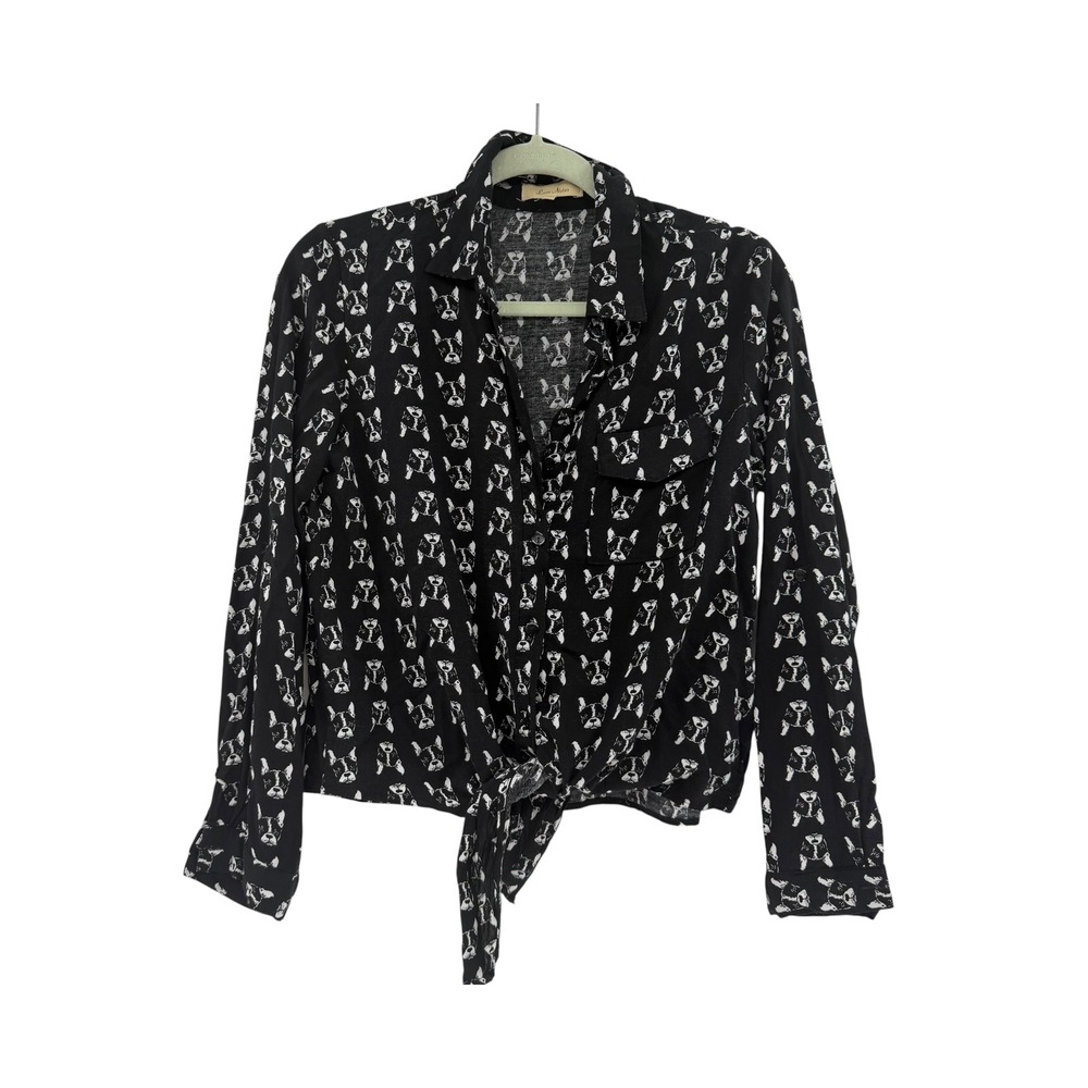 Anthropologie Novelty Print Dogs Button up Top Size Medium Bow Tie Front